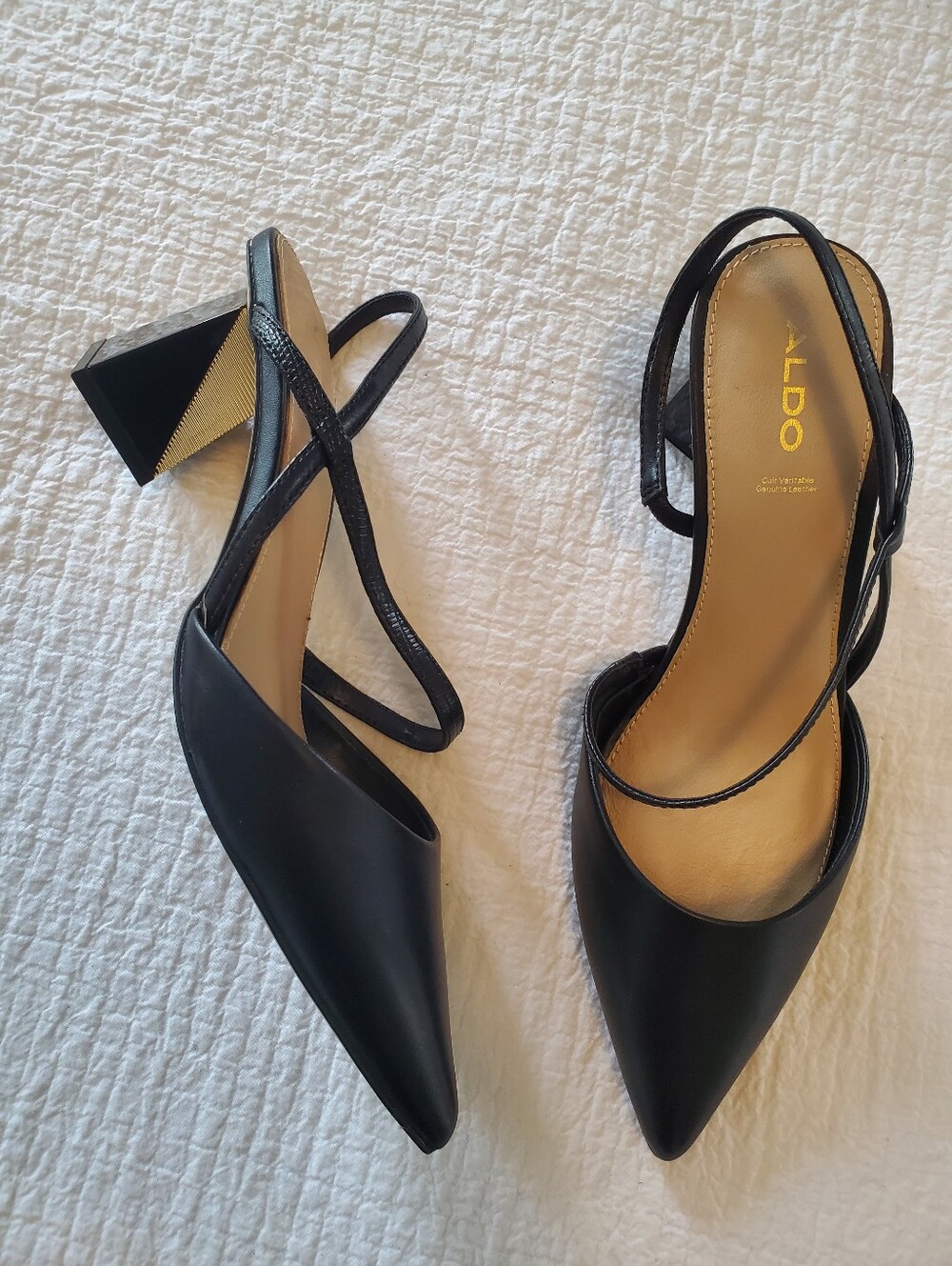ALDO Black Pointed Slingback Pumps with Geometric Block Gold/black Heel